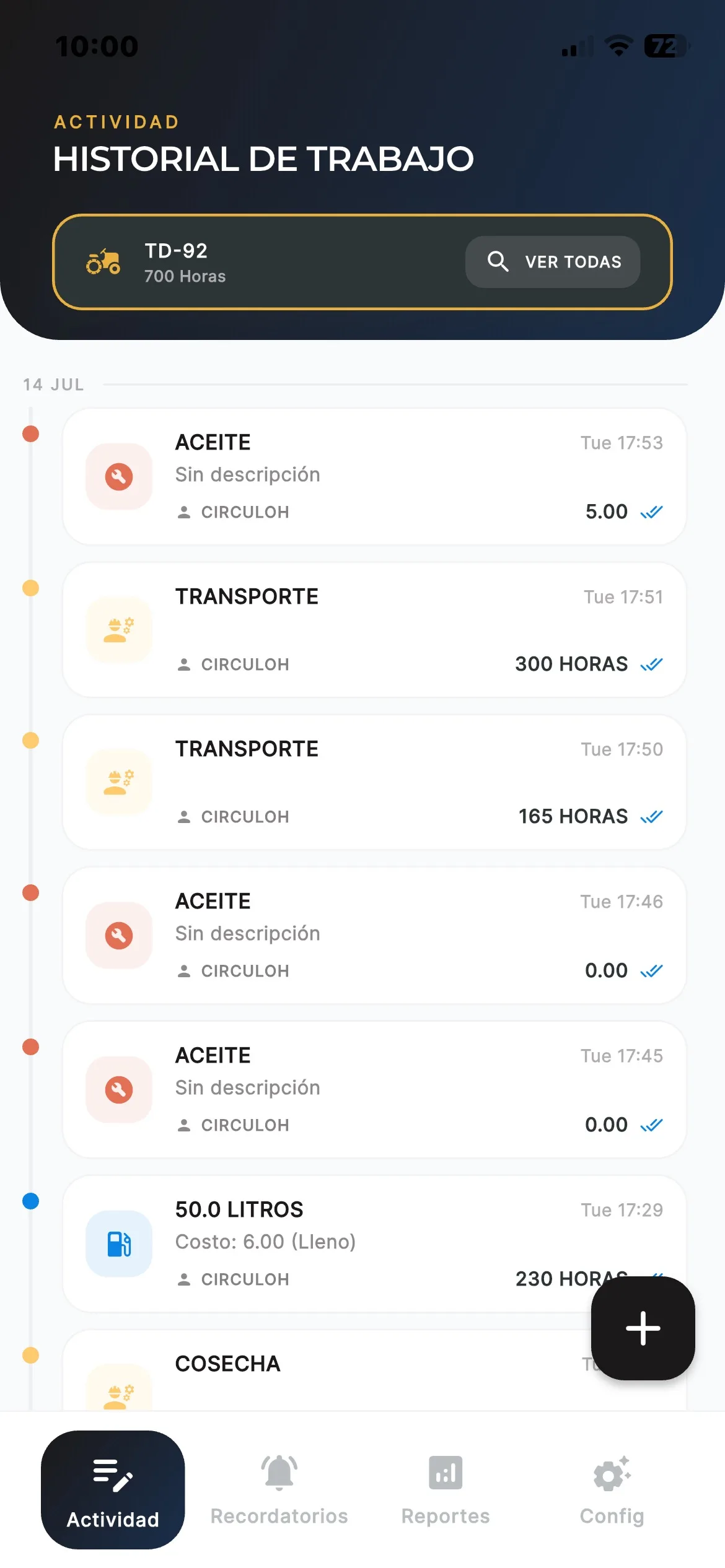Historial de trabajo en la app TrackTor