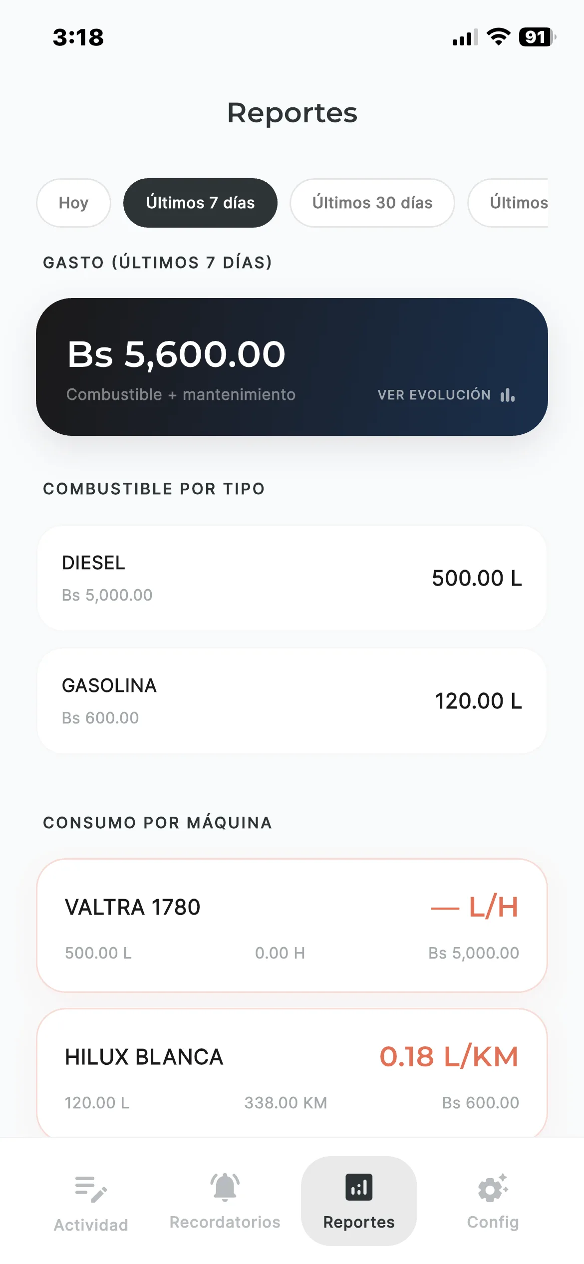 Reportes de gasto y consumo en la app TrackTor